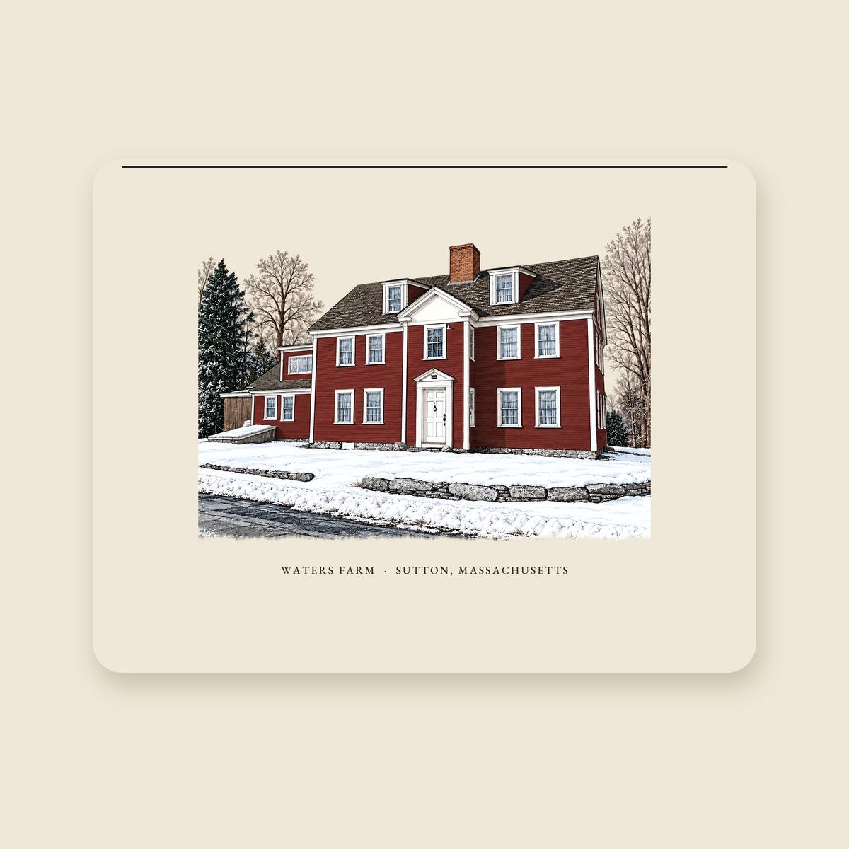 Sutton Waters Farm illustrated laptop sleeve with the caption WATERS FARM · SUTTON, MASSACHUSETTS, shown on a cream background