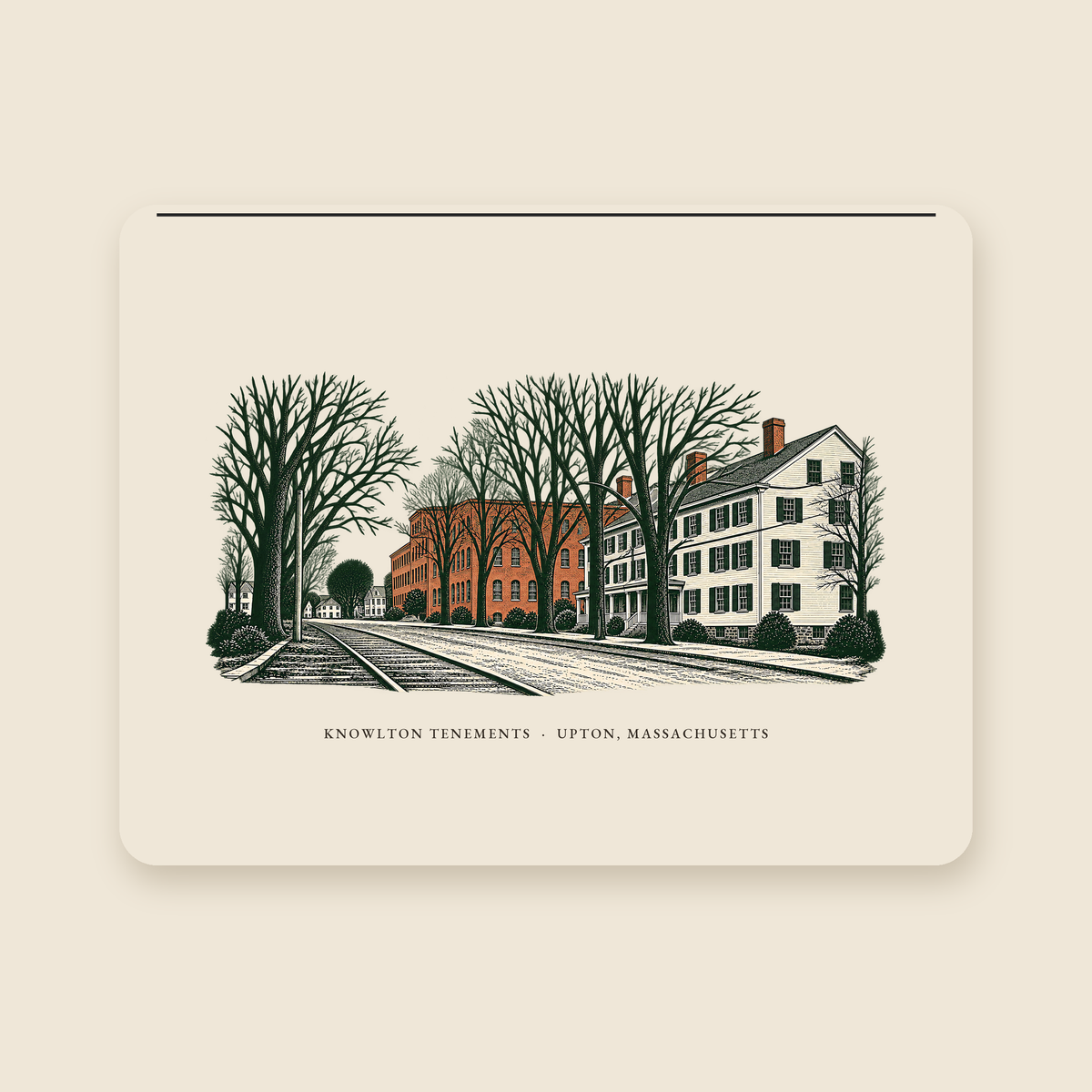 Upton Knowlton Tenements and Upton Loop Street Railway illustrated laptop sleeve with the caption KNOWLTON TENEMENTS · UPTON, MASSACHUSETTS, shown on a cream background