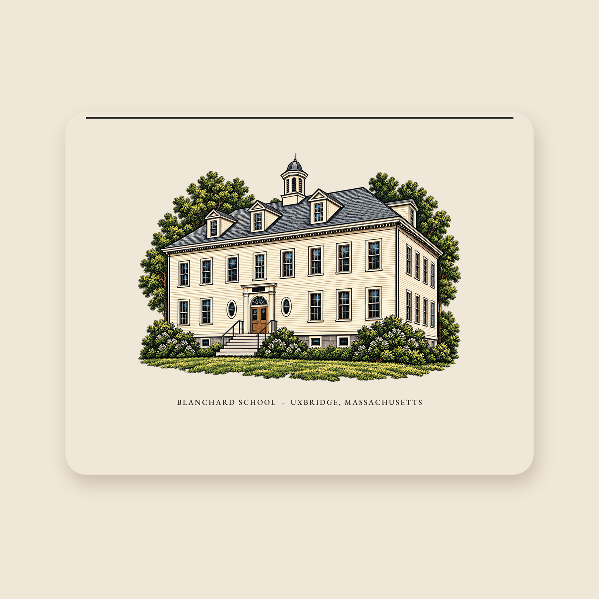 Uxbridge Blanchard School illustrated laptop sleeve with the caption BLANCHARD SCHOOL · UXBRIDGE, MASSACHUSETTS, shown on a cream background