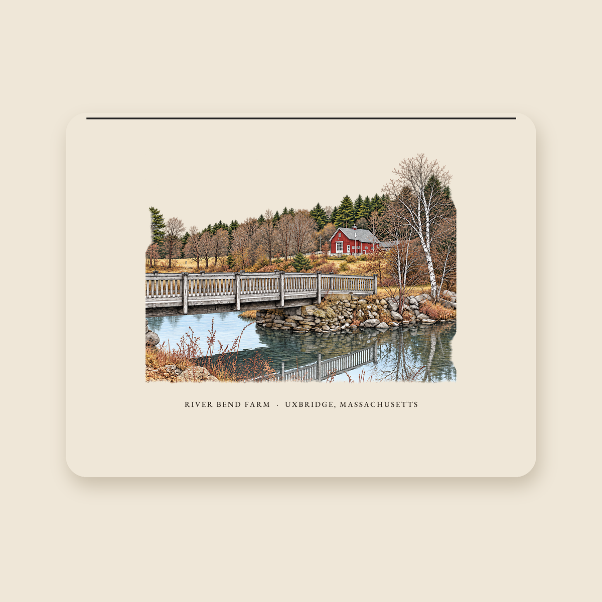 Uxbridge River Bend Farm illustrated laptop sleeve with the caption RIVER BEND FARM · UXBRIDGE, MASSACHUSETTS, shown on a cream background