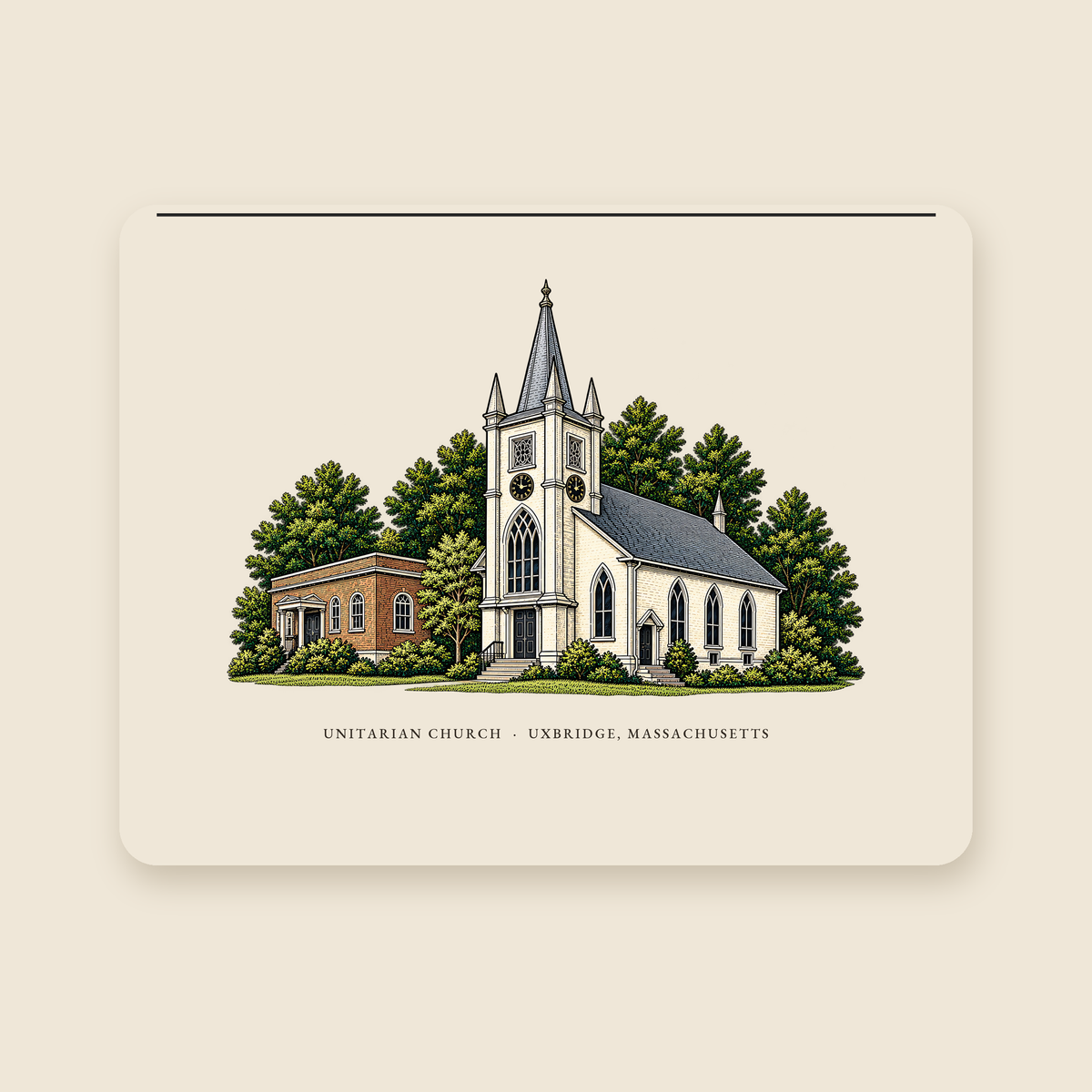 Uxbridge Unitarian Church illustrated laptop sleeve with the caption UNITARIAN CHURCH · UXBRIDGE, MASSACHUSETTS, shown on a cream background