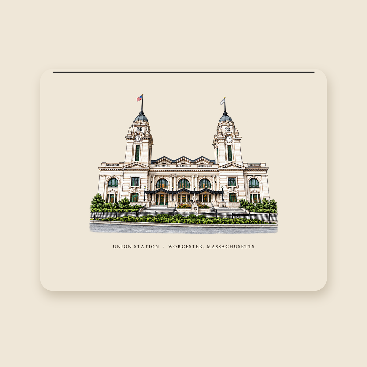 Worcester Union Station illustrated laptop sleeve with the caption UNION STATION · WORCESTER, MASSACHUSETTS, shown on a cream background