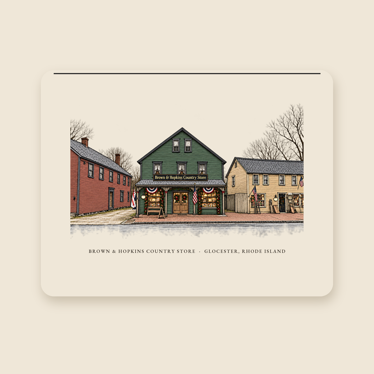 Glocester Brown & Hopkins Country Store, Chepachet illustrated laptop sleeve with the caption BROWN & HOPKINS COUNTRY STORE · GLOCESTER, RHODE ISLAND, shown on a cream background