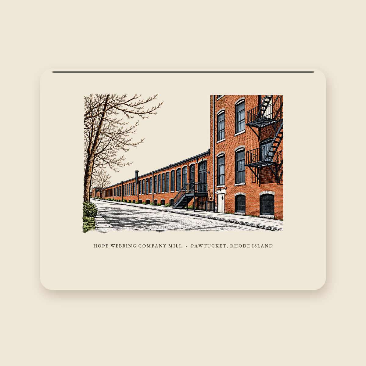 Pawtucket Hope Webbing Company Mill illustrated laptop sleeve with the caption HOPE WEBBING COMPANY MILL · PAWTUCKET, RHODE ISLAND, shown on a cream background