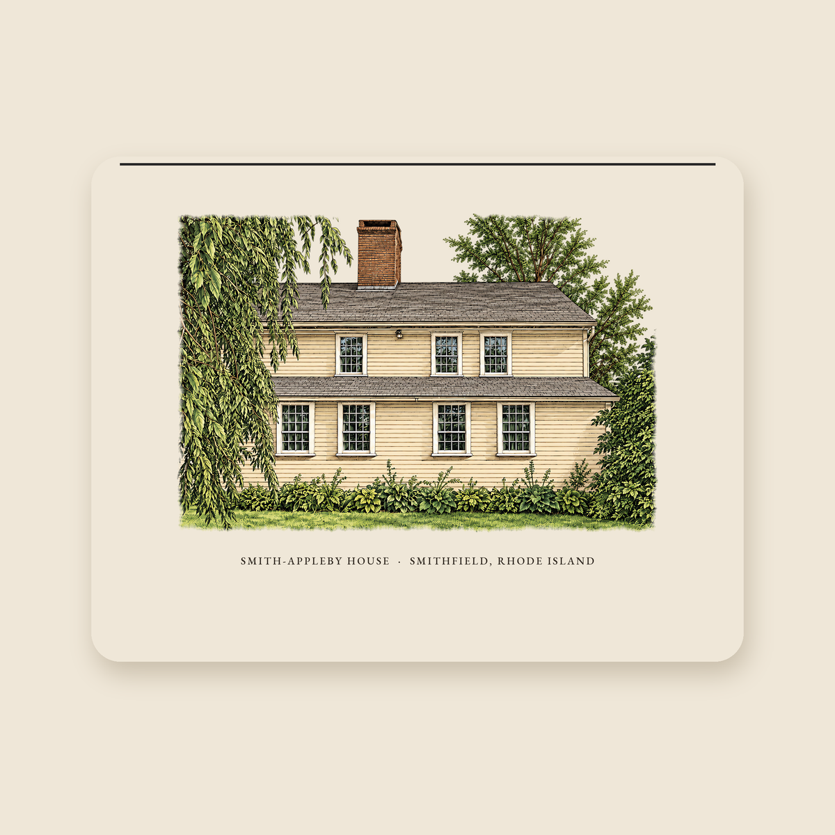 Smithfield Smith-Appleby House illustrated laptop sleeve with the caption SMITH-APPLEBY HOUSE · SMITHFIELD, RHODE ISLAND, shown on a cream background