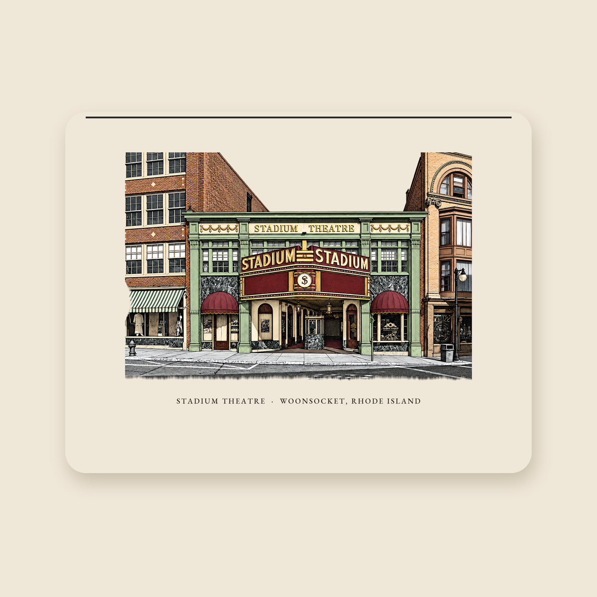 Woonsocket Stadium Theatre illustrated laptop sleeve with the caption STADIUM THEATRE · WOONSOCKET, RHODE ISLAND, shown on a cream background