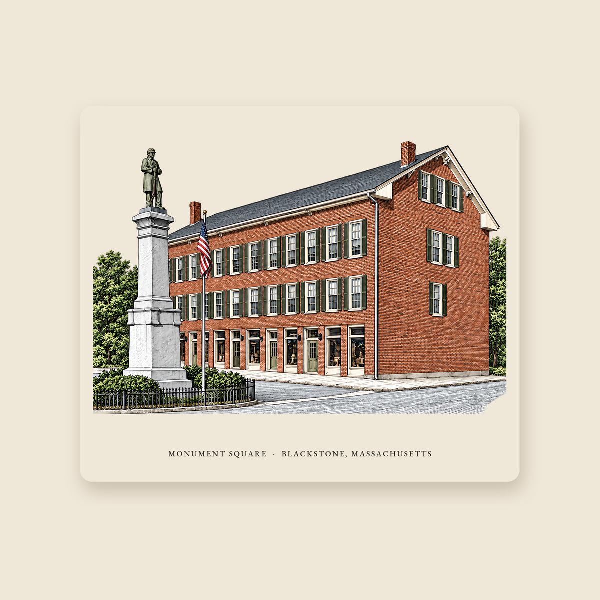Blackstone Monument Square / Blackstone Block illustrated mouse pad with the caption MONUMENT SQUARE · BLACKSTONE, MASSACHUSETTS, shown on a cream background