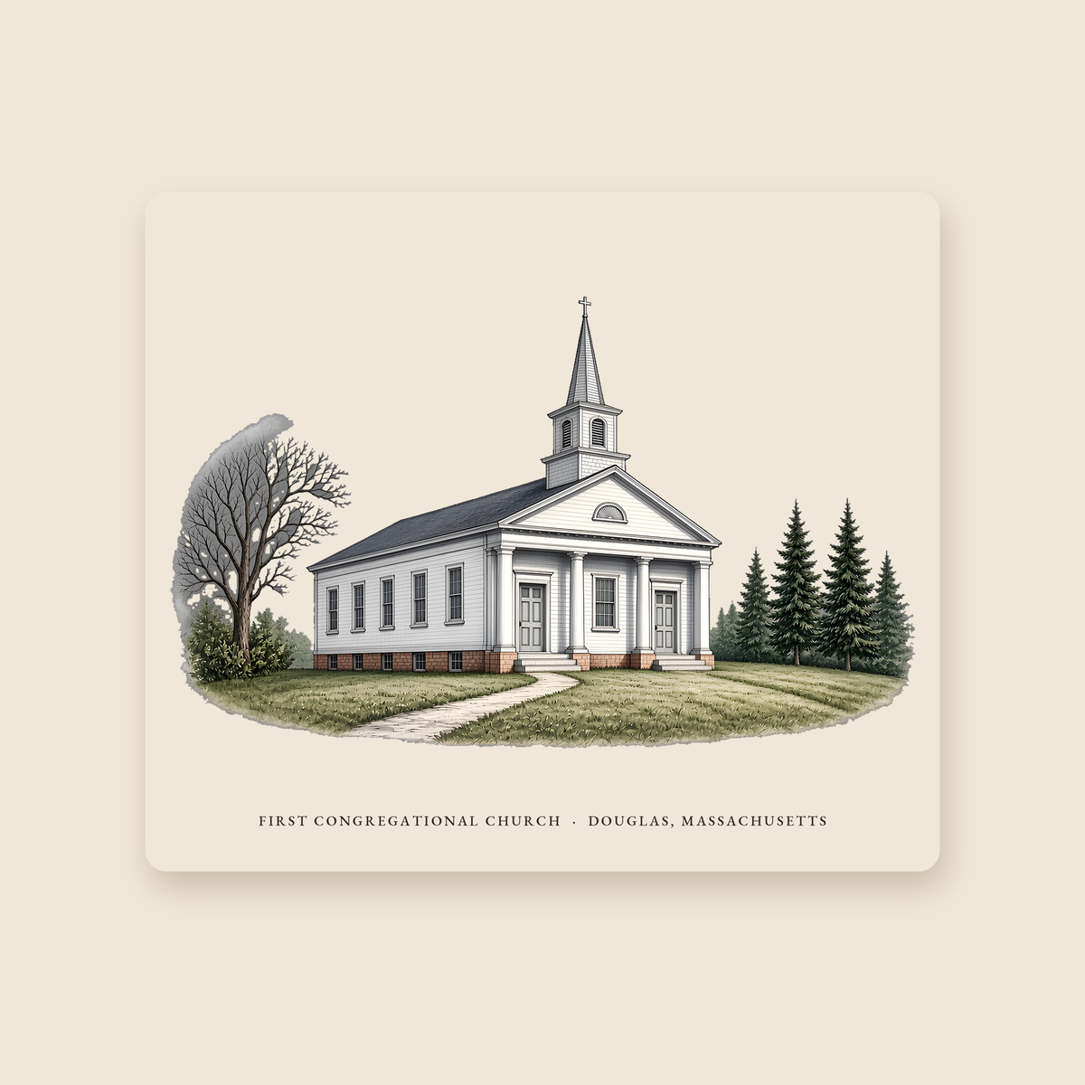 Douglas First Congregational Church illustrated mouse pad with the caption FIRST CONGREGATIONAL CHURCH · DOUGLAS, MASSACHUSETTS, shown on a cream background