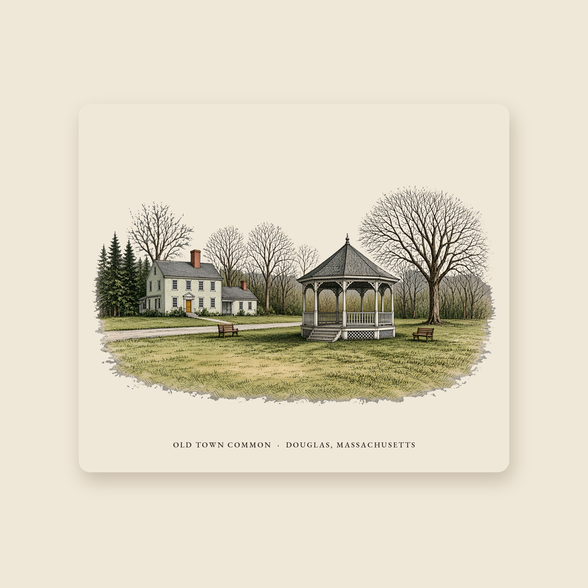 Douglas Old Town Common illustrated mouse pad with the caption OLD TOWN COMMON · DOUGLAS, MASSACHUSETTS, shown on a cream background