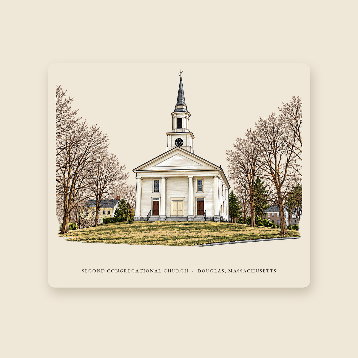 Douglas Second Congregational Church illustrated mouse pad with the caption SECOND CONGREGATIONAL CHURCH · DOUGLAS, MASSACHUSETTS, shown on a cream background