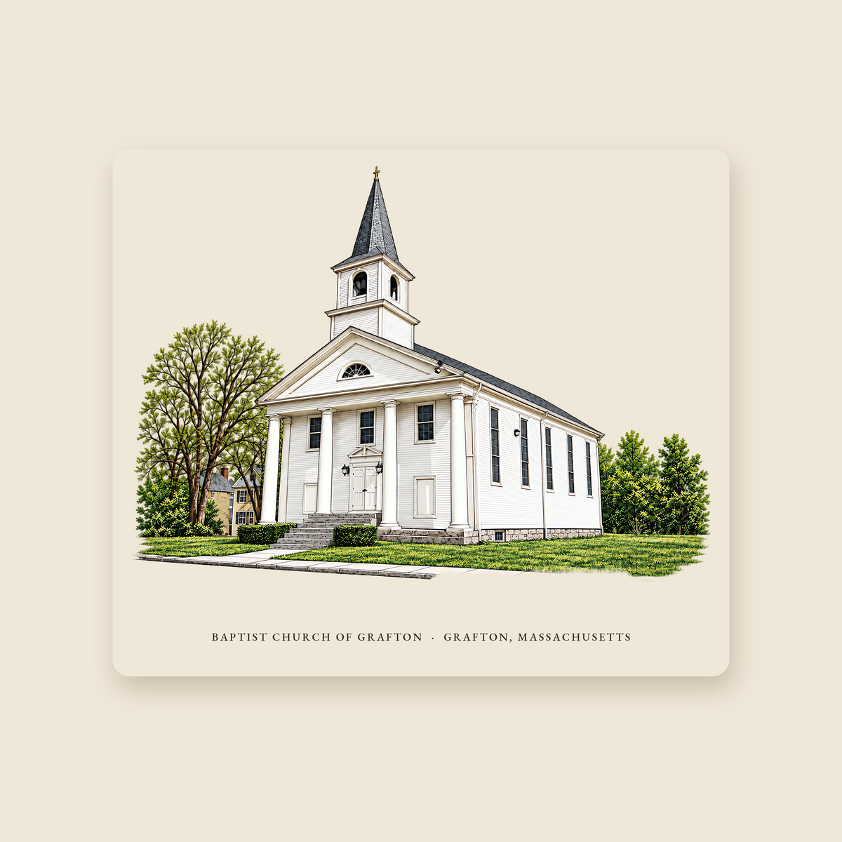 Grafton Baptist Church of Grafton illustrated mouse pad with the caption BAPTIST CHURCH OF GRAFTON · GRAFTON, MASSACHUSETTS, shown on a cream background