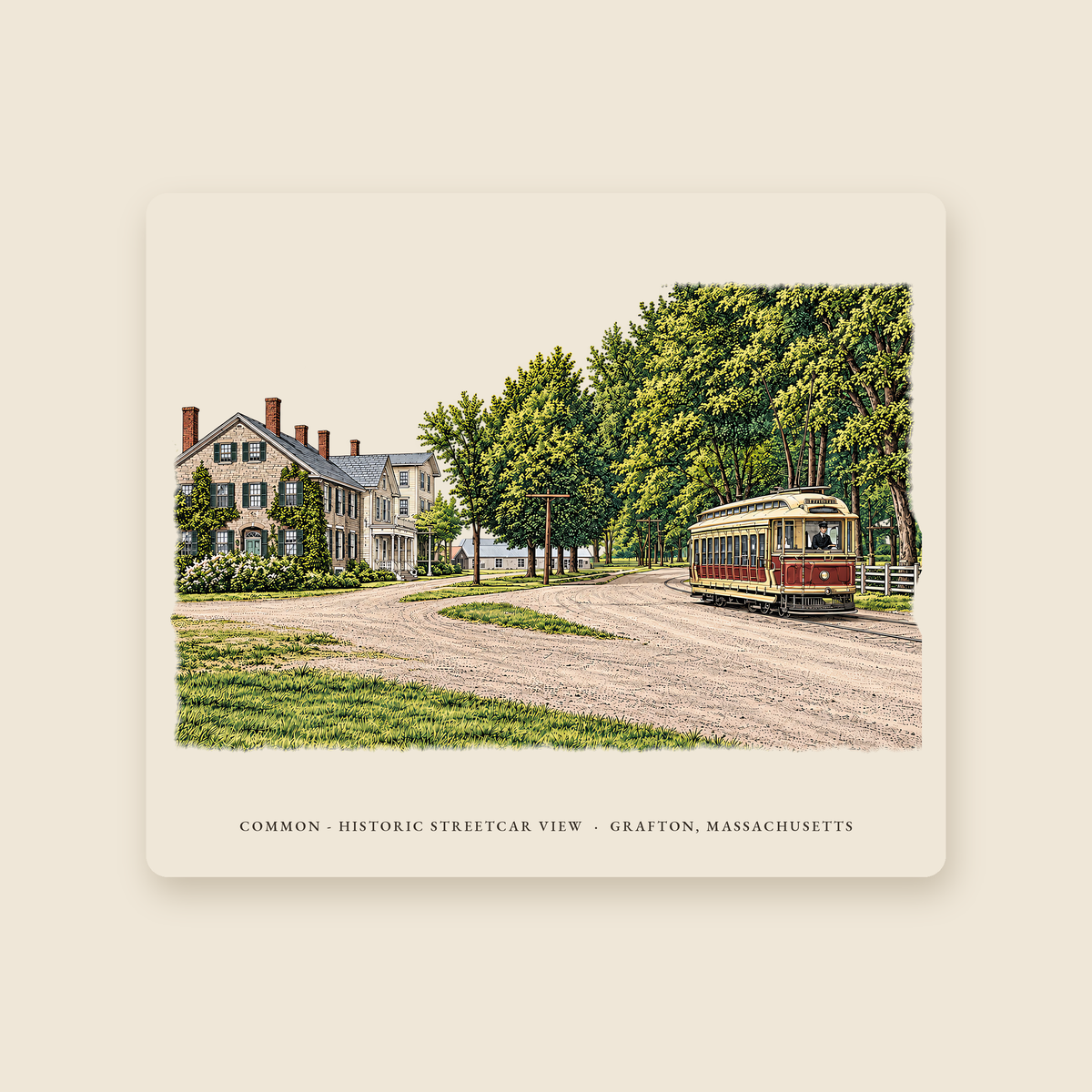 Grafton Common - Historic Streetcar View illustrated mouse pad with the caption COMMON - HISTORIC STREETCAR VIEW · GRAFTON, MASSACHUSETTS, shown on a cream background