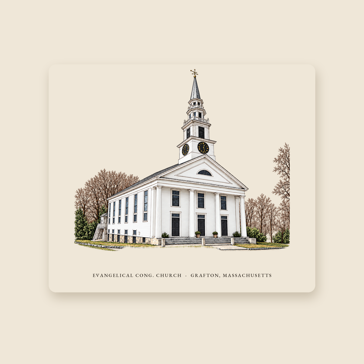 Grafton Evangelical Congregational Church illustrated mouse pad with the caption EVANGELICAL CONG. CHURCH · GRAFTON, MASSACHUSETTS, shown on a cream background