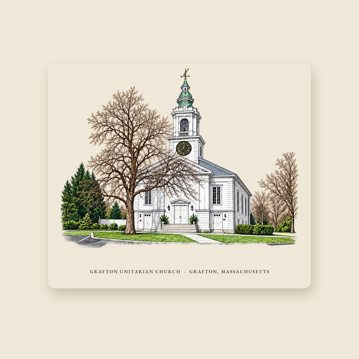 Grafton Unitarian Church at Grafton Common illustrated mouse pad with the caption GRAFTON UNITARIAN CHURCH · GRAFTON, MASSACHUSETTS, shown on a cream background
