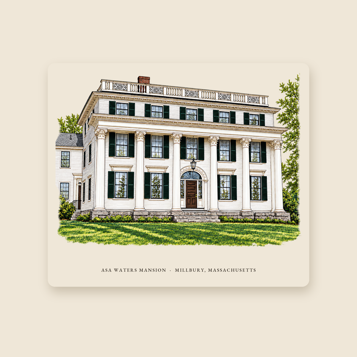 Millbury Asa Waters Mansion illustrated mouse pad with the caption ASA WATERS MANSION · MILLBURY, MASSACHUSETTS, shown on a cream background