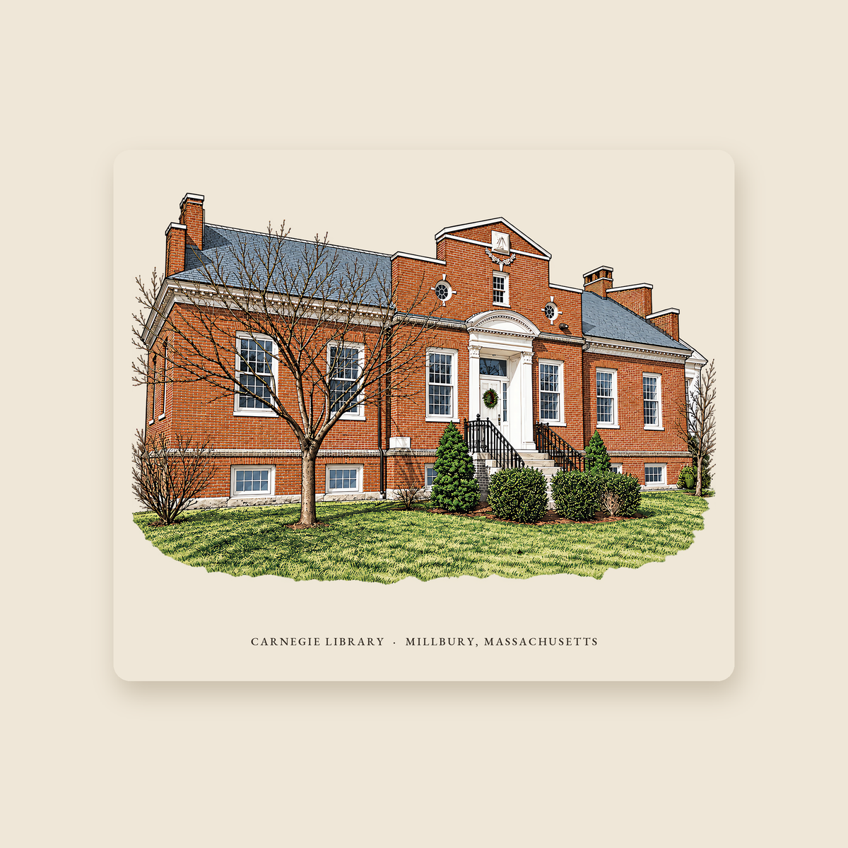 Millbury Carnegie Library illustrated mouse pad with the caption CARNEGIE LIBRARY · MILLBURY, MASSACHUSETTS, shown on a cream background