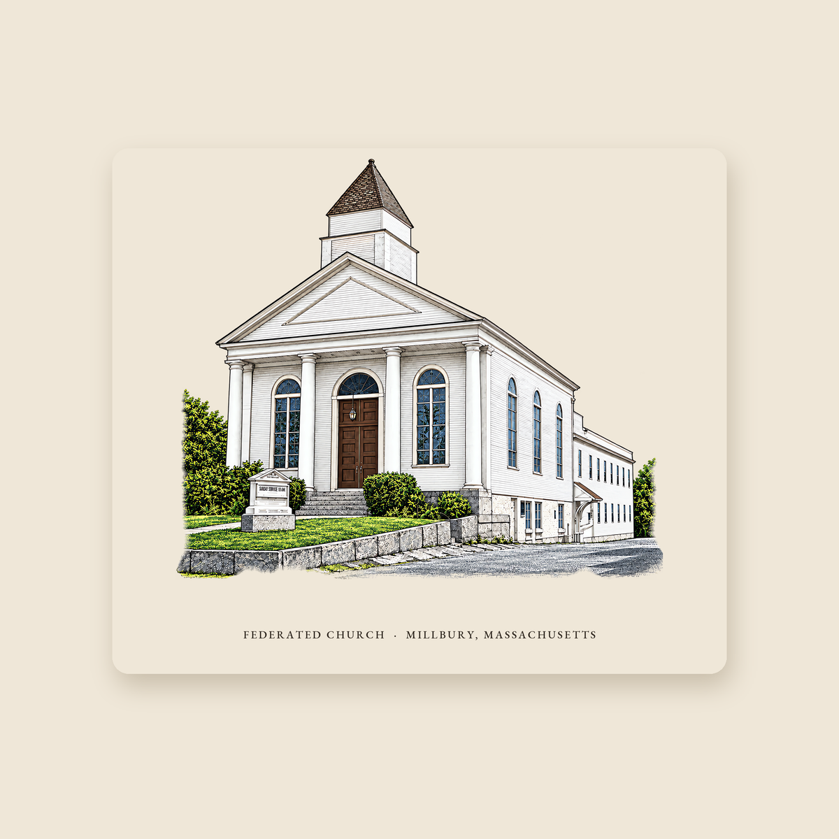 Millbury Federated Church / First Presbyterian Meeting House illustrated mouse pad with the caption FEDERATED CHURCH · MILLBURY, MASSACHUSETTS, shown on a cream background