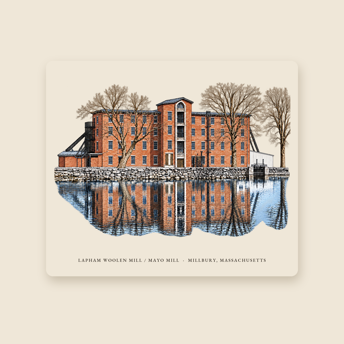 Millbury Lapham Woolen Mill / Mayo Mill illustrated mouse pad with the caption LAPHAM WOOLEN MILL / MAYO MILL · MILLBURY, MASSACHUSETTS, shown on a cream background