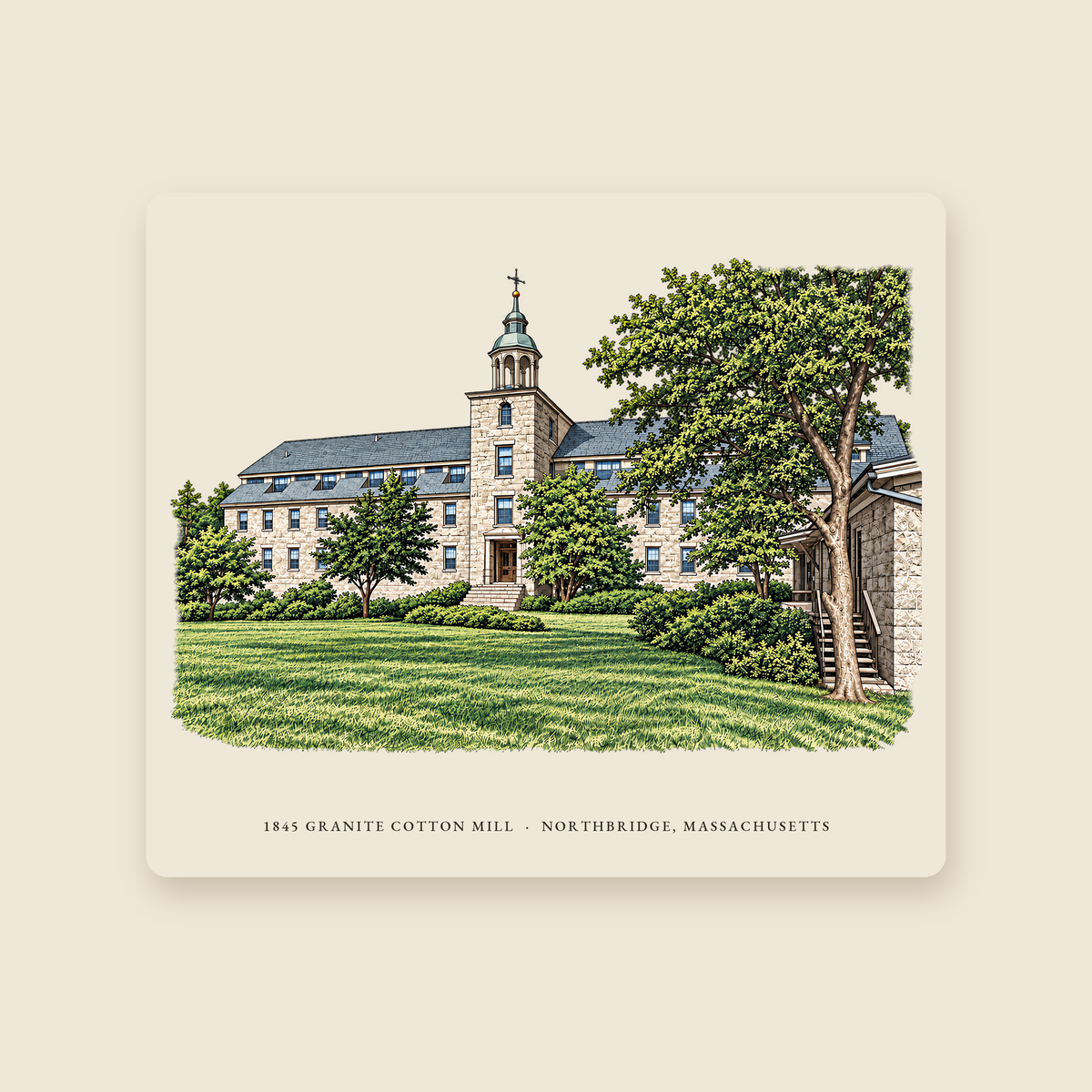 Northbridge 1845 Granite Cotton Mill illustrated mouse pad with the caption 1845 GRANITE COTTON MILL · NORTHBRIDGE, MASSACHUSETTS, shown on a cream background