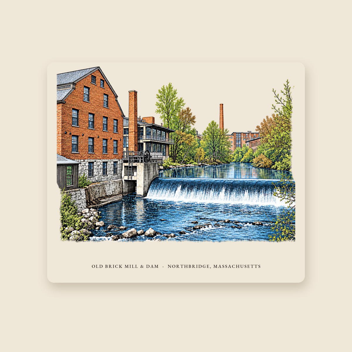 Northbridge Old Brick Mill and Mumford River Dam illustrated mouse pad with the caption OLD BRICK MILL & DAM · NORTHBRIDGE, MASSACHUSETTS, shown on a cream background