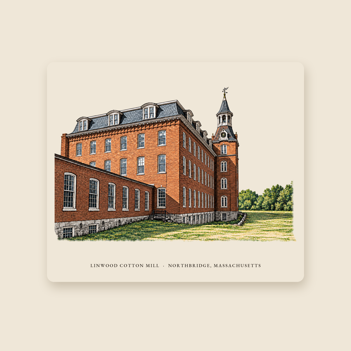 Northbridge Linwood Cotton Mill illustrated mouse pad with the caption LINWOOD COTTON MILL · NORTHBRIDGE, MASSACHUSETTS, shown on a cream background