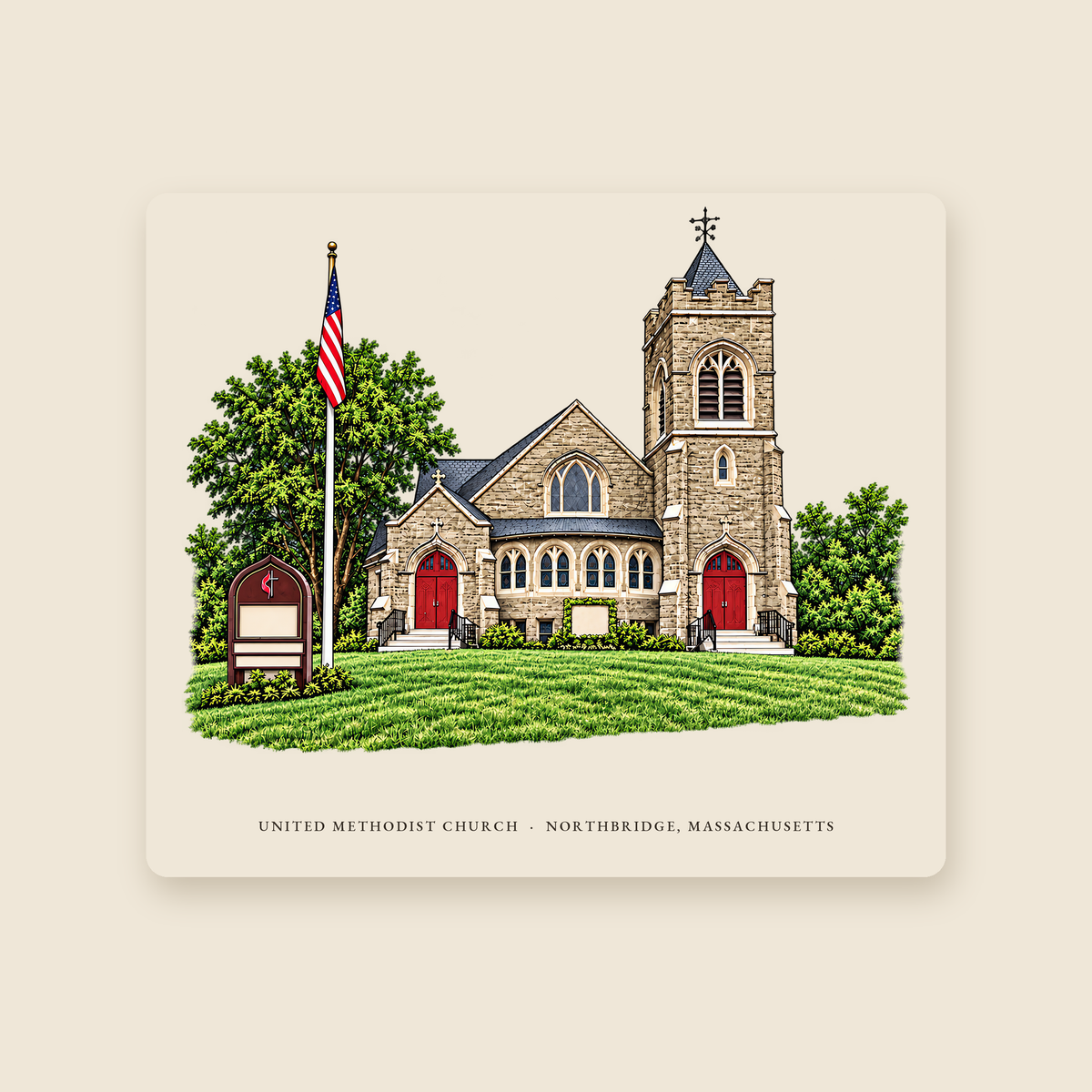 Northbridge United Methodist Church illustrated mouse pad with the caption UNITED METHODIST CHURCH · NORTHBRIDGE, MASSACHUSETTS, shown on a cream background
