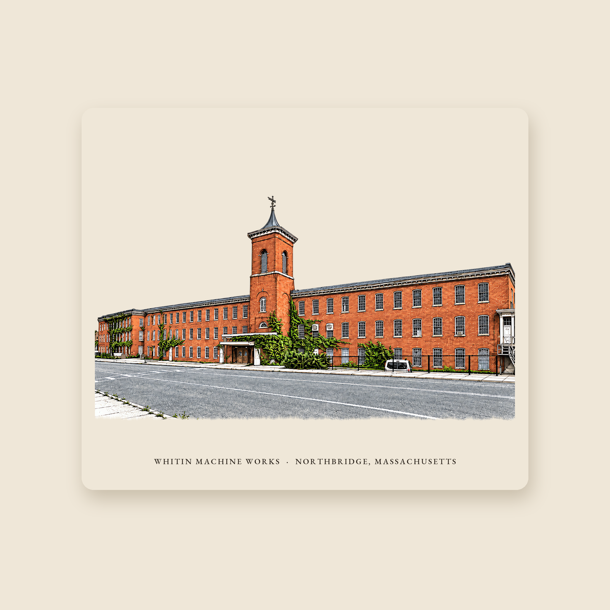 Northbridge Whitin Machine Works illustrated mouse pad with the caption WHITIN MACHINE WORKS · NORTHBRIDGE, MASSACHUSETTS, shown on a cream background