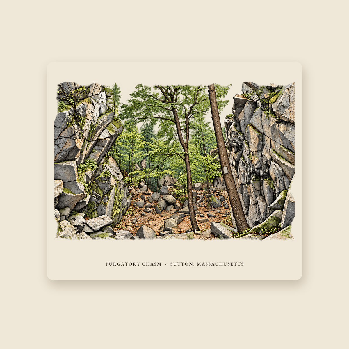 Sutton Purgatory Chasm illustrated mouse pad with the caption PURGATORY CHASM · SUTTON, MASSACHUSETTS, shown on a cream background