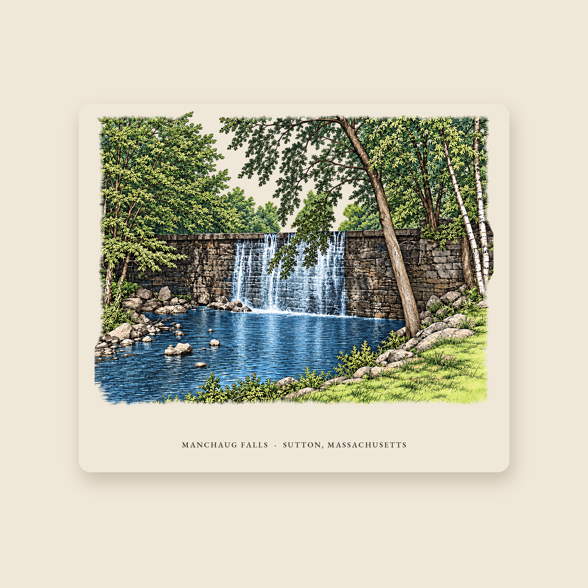 Sutton Manchaug Falls illustrated mouse pad with the caption MANCHAUG FALLS · SUTTON, MASSACHUSETTS, shown on a cream background