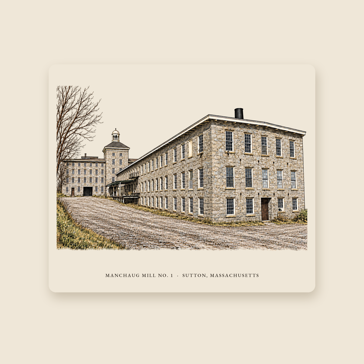 Sutton Manchaug Mill No. 1 illustrated mouse pad with the caption MANCHAUG MILL NO. 1 · SUTTON, MASSACHUSETTS, shown on a cream background