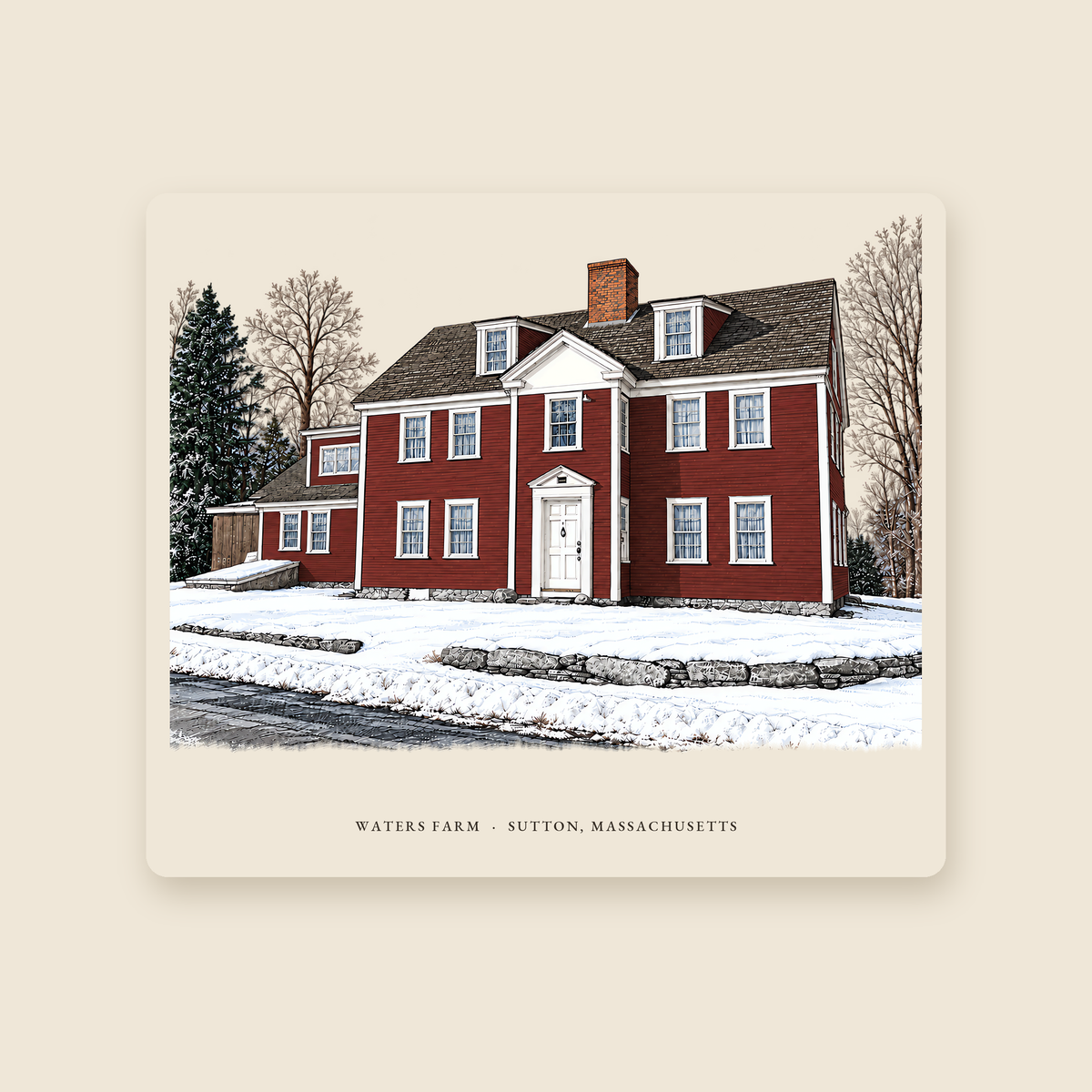 Sutton Waters Farm illustrated mouse pad with the caption WATERS FARM · SUTTON, MASSACHUSETTS, shown on a cream background
