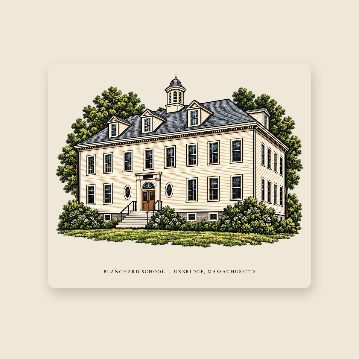 Uxbridge Blanchard School illustrated mouse pad with the caption BLANCHARD SCHOOL · UXBRIDGE, MASSACHUSETTS, shown on a cream background