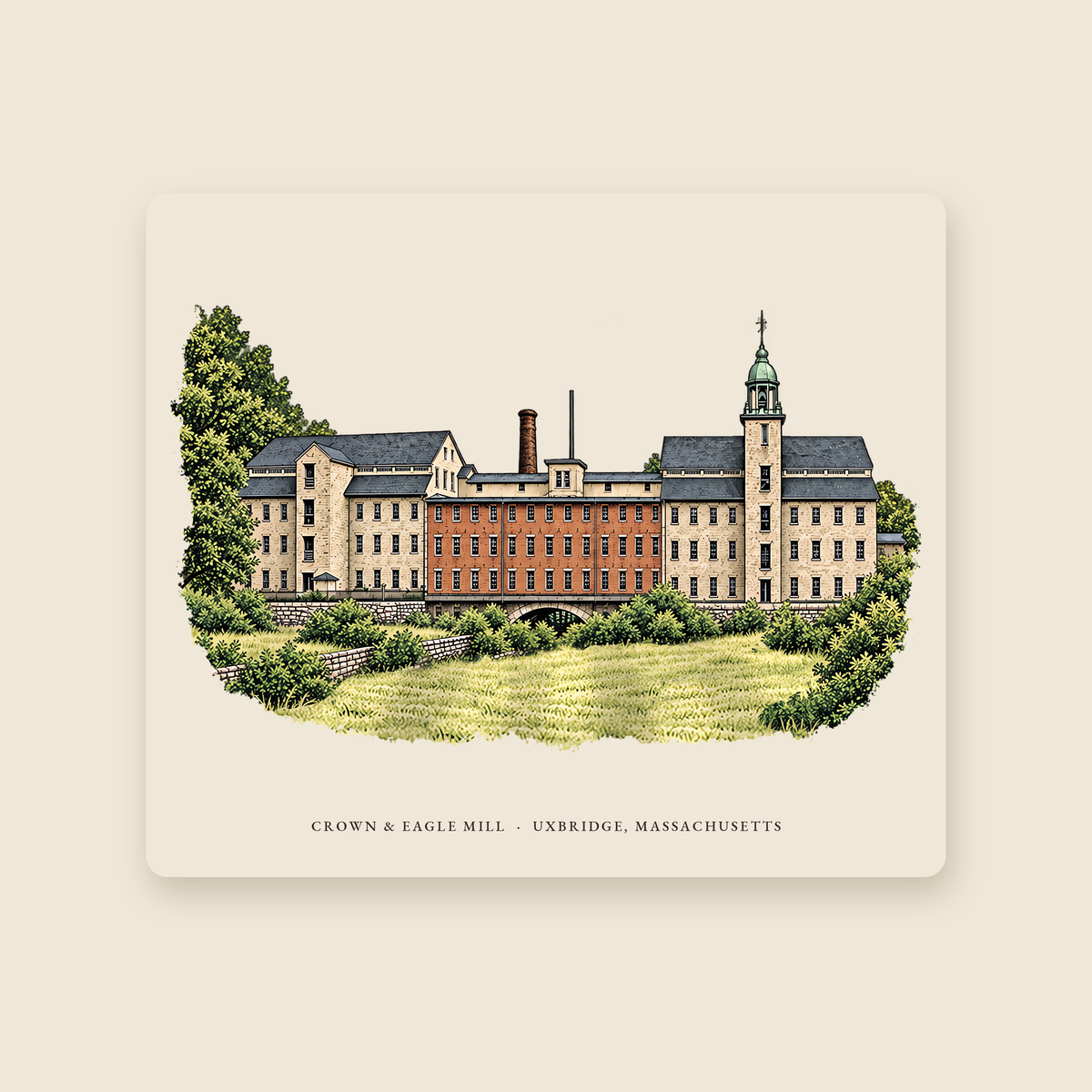 Uxbridge Crown & Eagle Mill illustrated mouse pad with the caption CROWN & EAGLE MILL · UXBRIDGE, MASSACHUSETTS, shown on a cream background