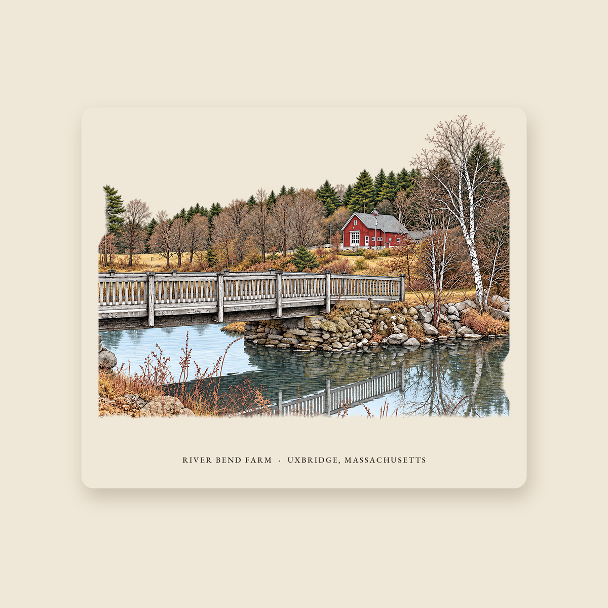 Uxbridge River Bend Farm illustrated mouse pad with the caption RIVER BEND FARM · UXBRIDGE, MASSACHUSETTS, shown on a cream background