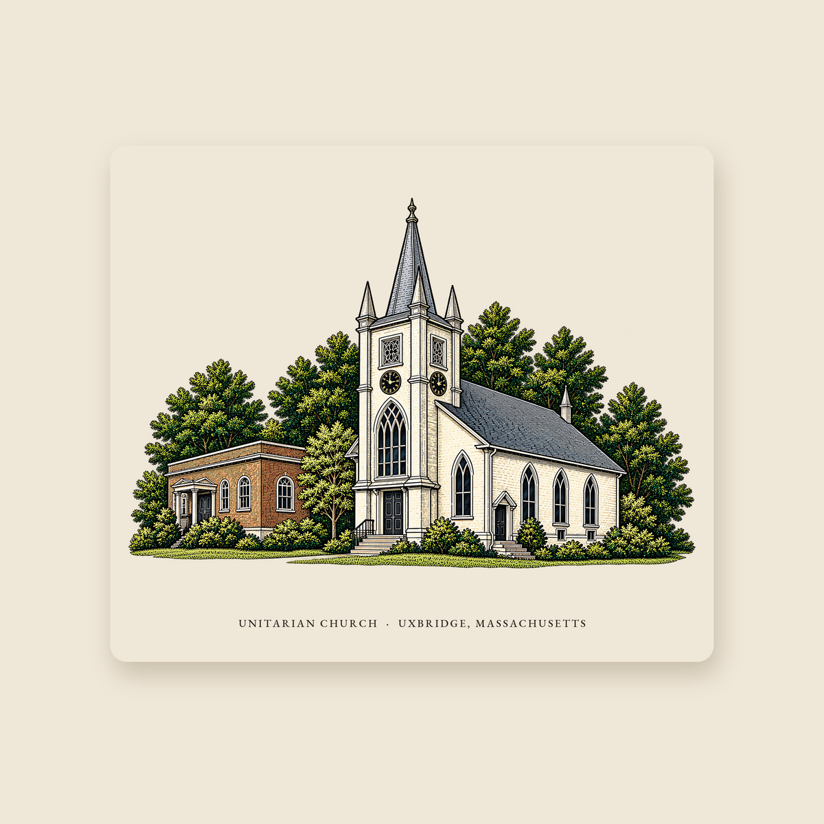 Uxbridge Unitarian Church illustrated mouse pad with the caption UNITARIAN CHURCH · UXBRIDGE, MASSACHUSETTS, shown on a cream background