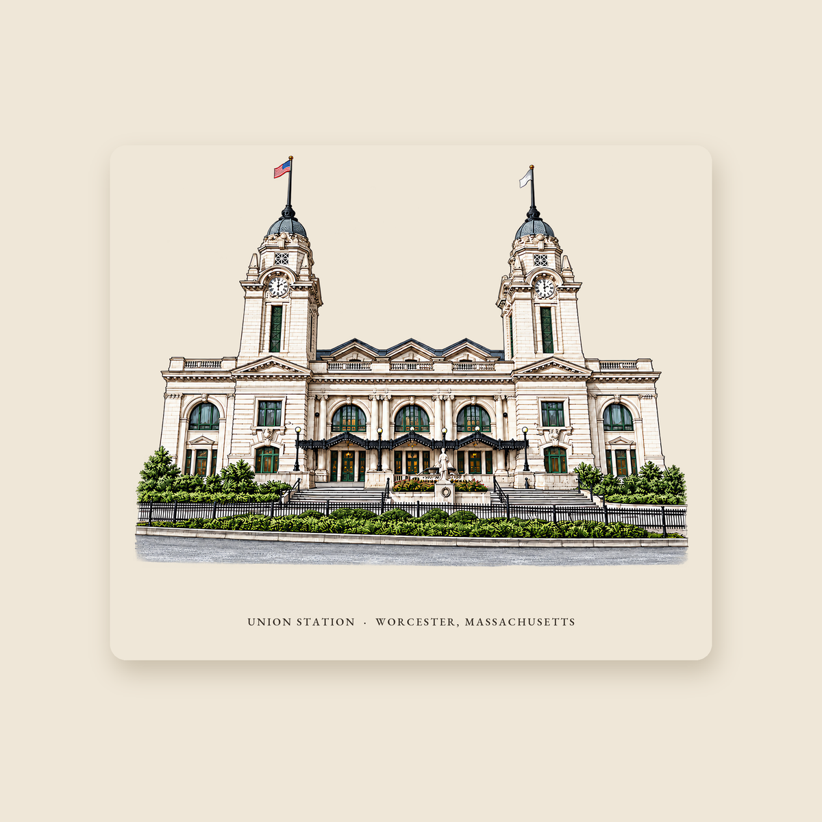 Worcester Union Station illustrated mouse pad with the caption UNION STATION · WORCESTER, MASSACHUSETTS, shown on a cream background