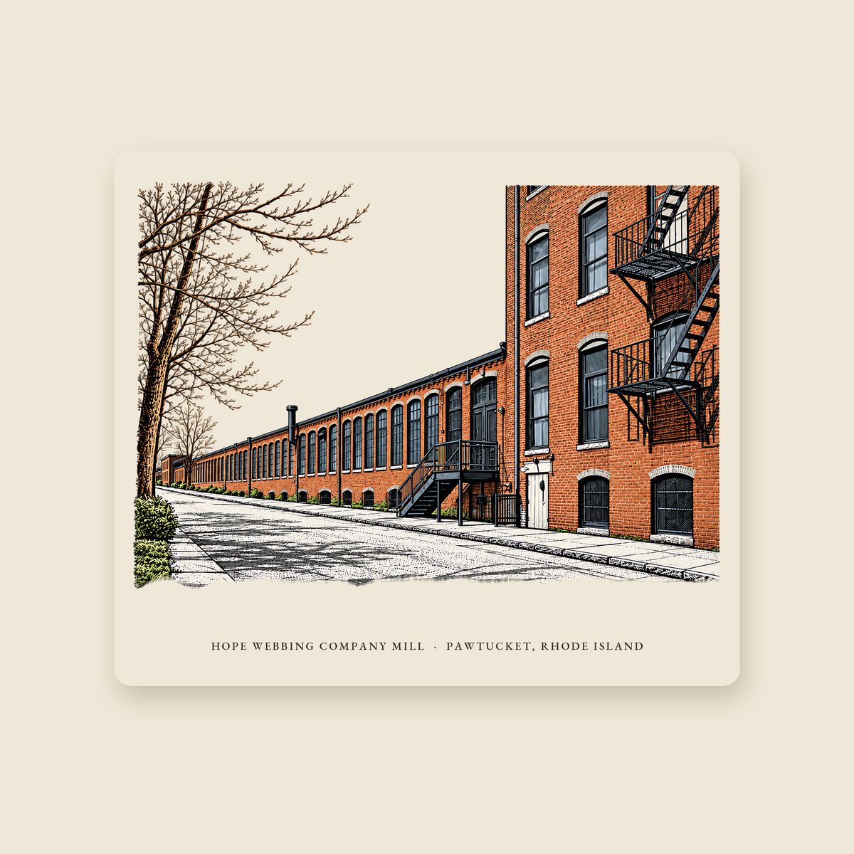 Pawtucket Hope Webbing Company Mill illustrated mouse pad with the caption HOPE WEBBING COMPANY MILL · PAWTUCKET, RHODE ISLAND, shown on a cream background
