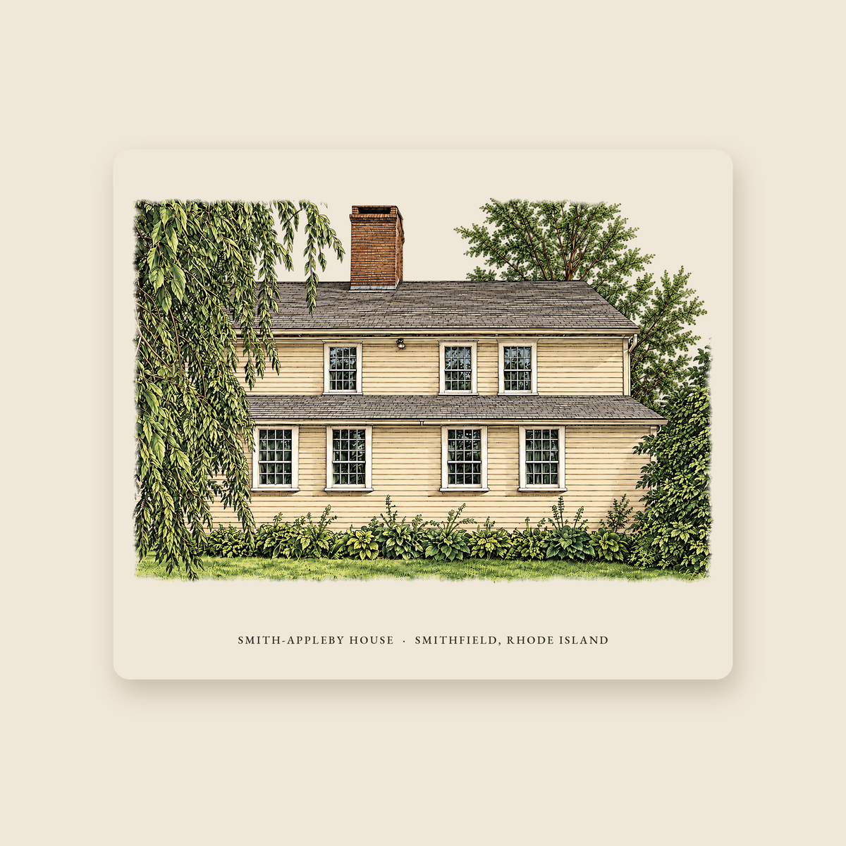 Smithfield Smith-Appleby House illustrated mouse pad with the caption SMITH-APPLEBY HOUSE · SMITHFIELD, RHODE ISLAND, shown on a cream background