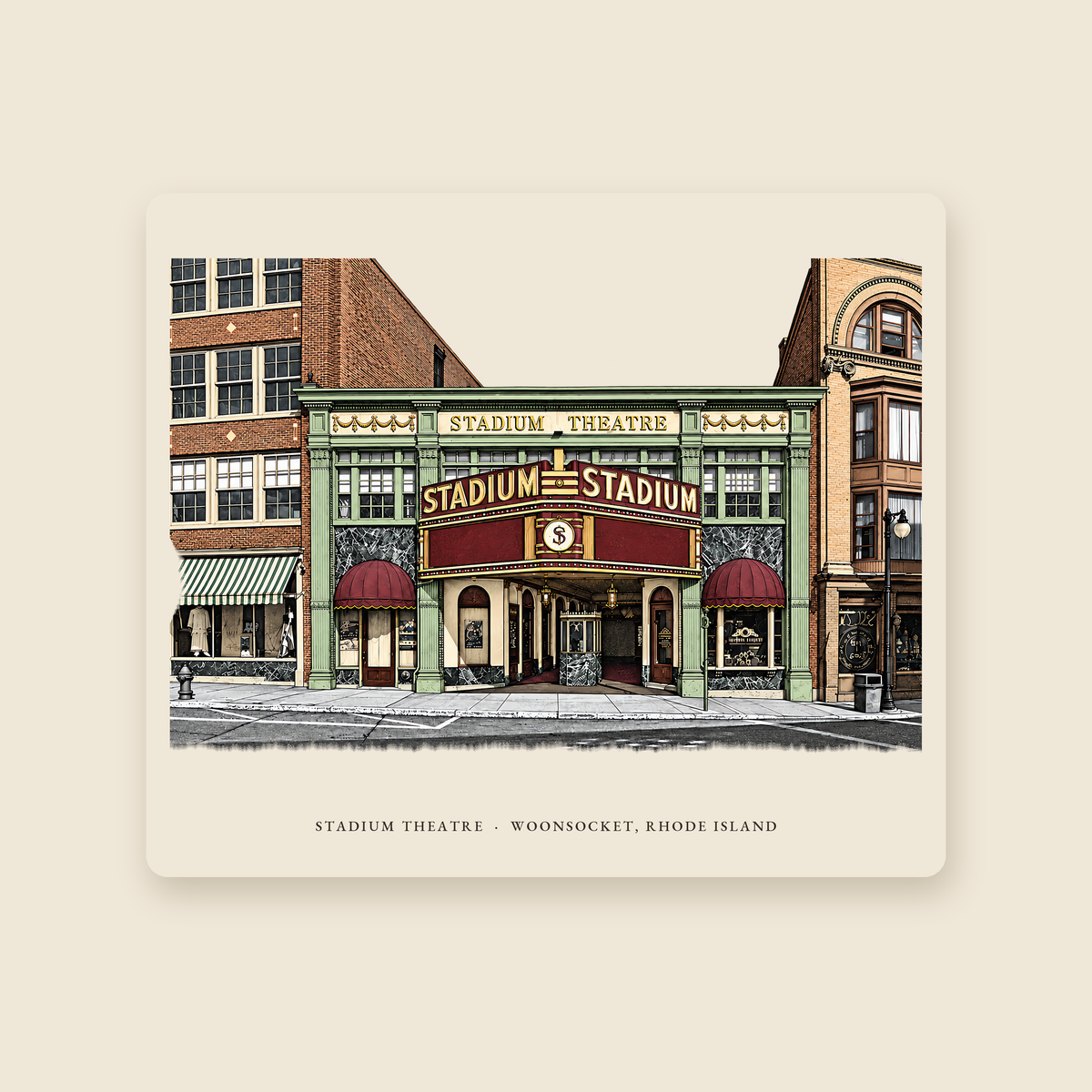 Woonsocket Stadium Theatre illustrated mouse pad with the caption STADIUM THEATRE · WOONSOCKET, RHODE ISLAND, shown on a cream background
