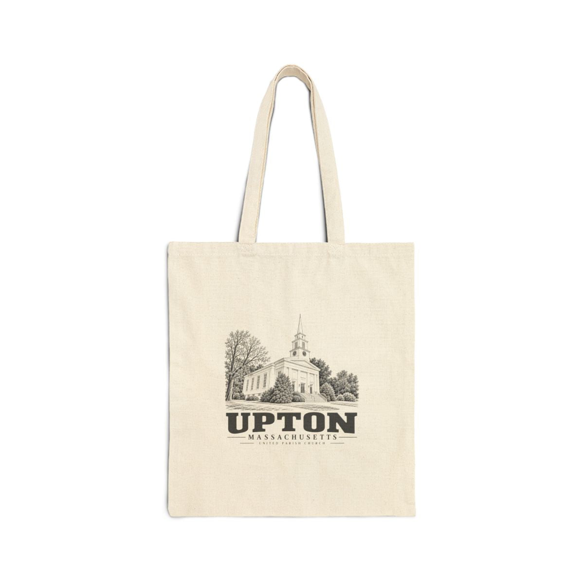 Upton United Parish Church artwork on Natural heavy canvas tote bag, front view