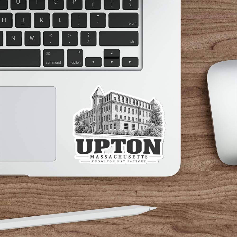 Upton Knowlton Hat Factory artwork on 4-inch die-cut sticker, context view 1