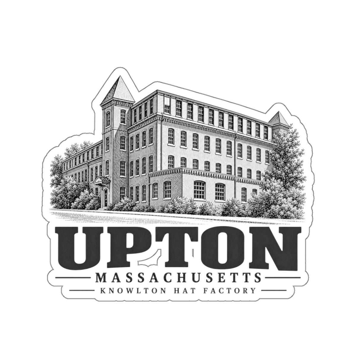Upton Knowlton Hat Factory artwork on 4-inch die-cut sticker, front view