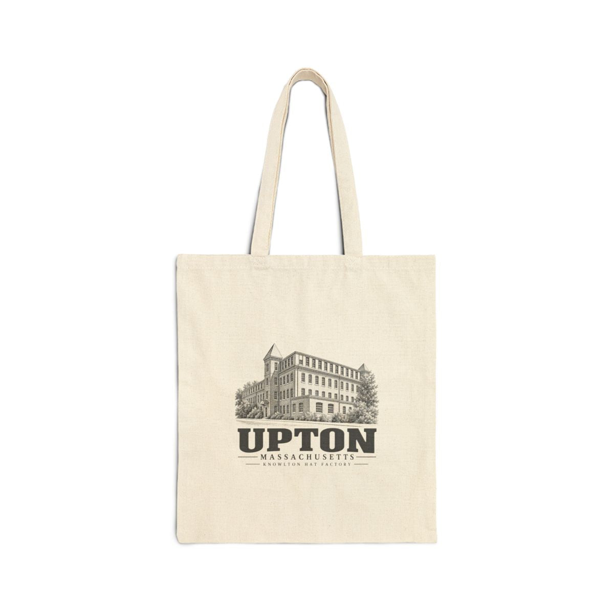 Upton Knowlton Hat Factory artwork on Natural heavy canvas tote bag, front view