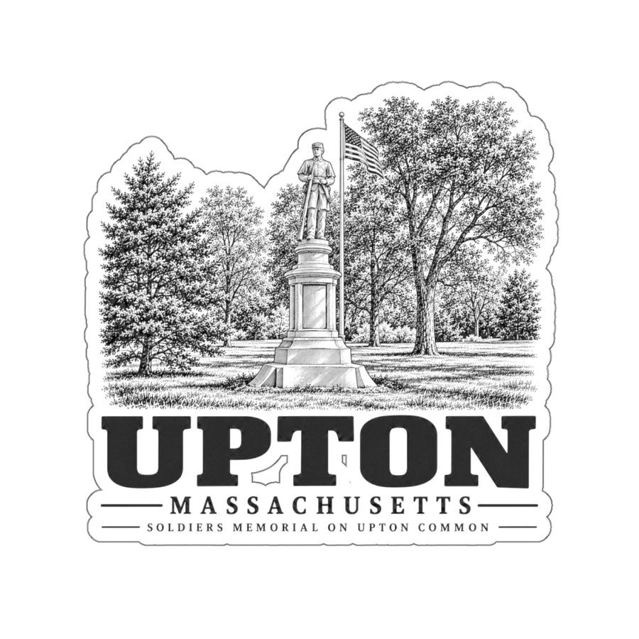 Upton Soldiers Memorial artwork on 4-inch die-cut sticker, front view