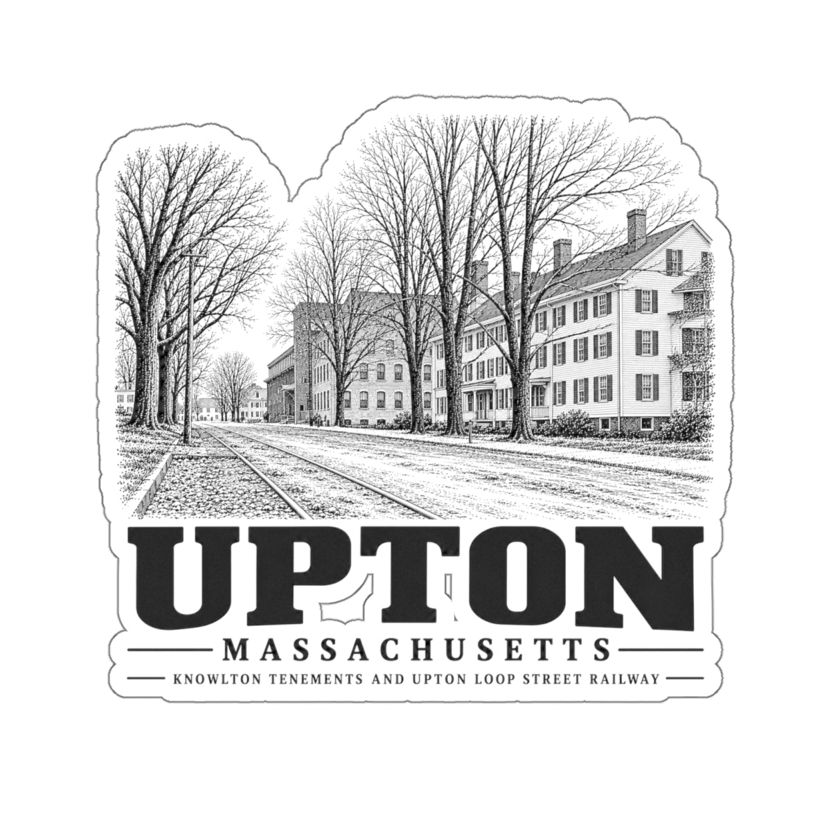 Upton Knowlton Tenements and Upton Loop artwork on 4-inch die-cut sticker, front view