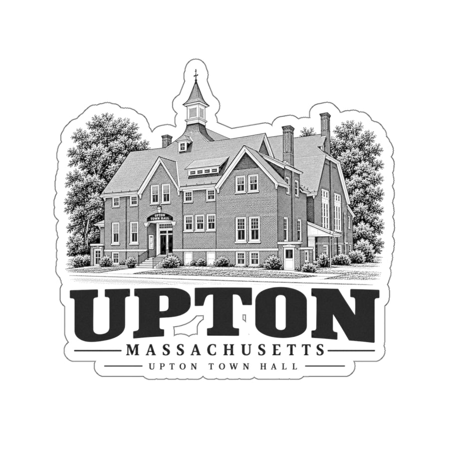 Upton Town Hall artwork on 4-inch die-cut sticker, front view