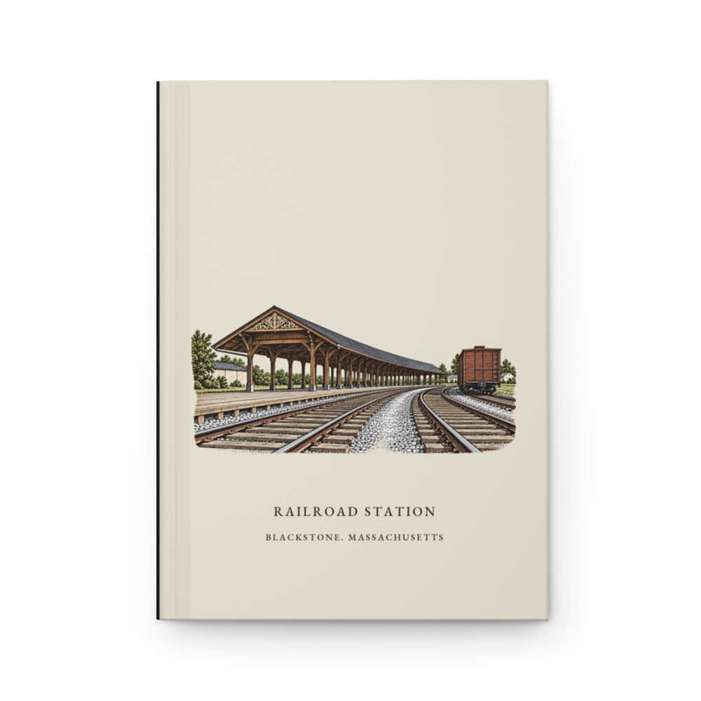 Blackstone Railroad Station journal mockup showing the illustrated cover