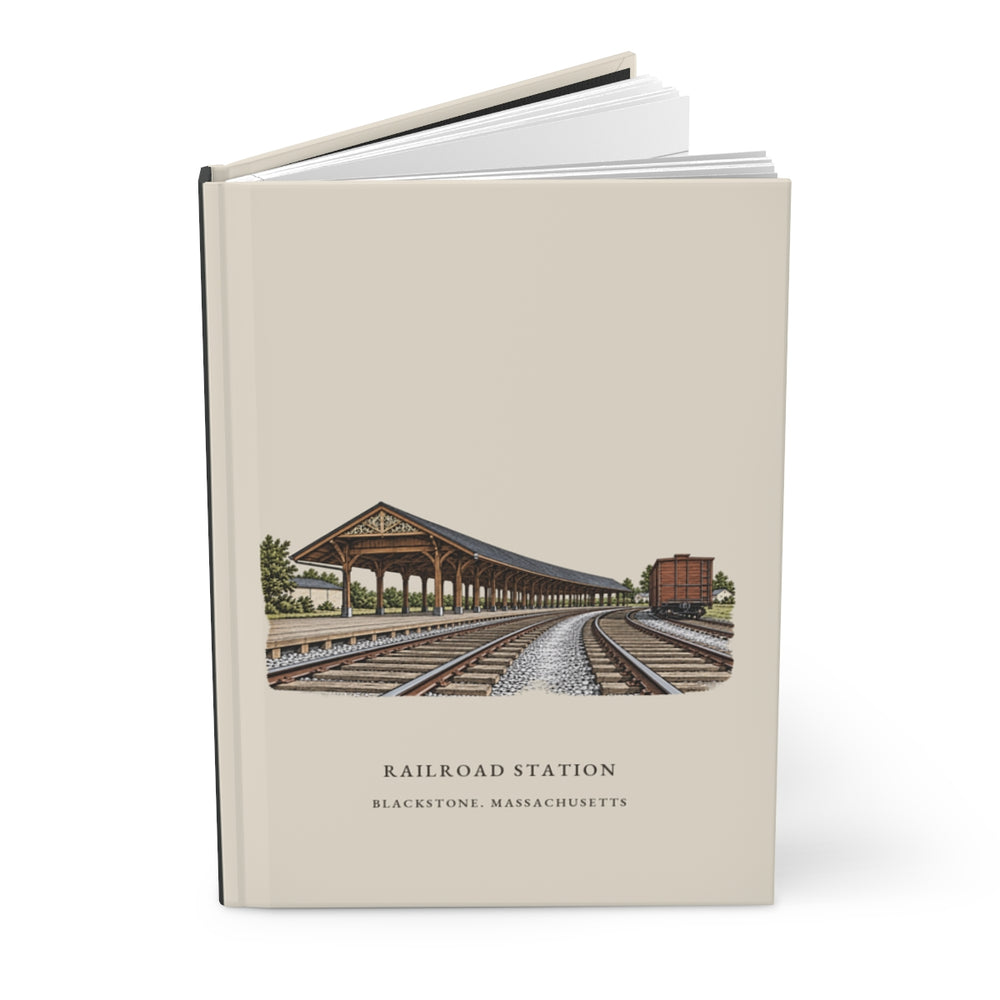 Blackstone Railroad Station journal mockup showing the illustrated cover