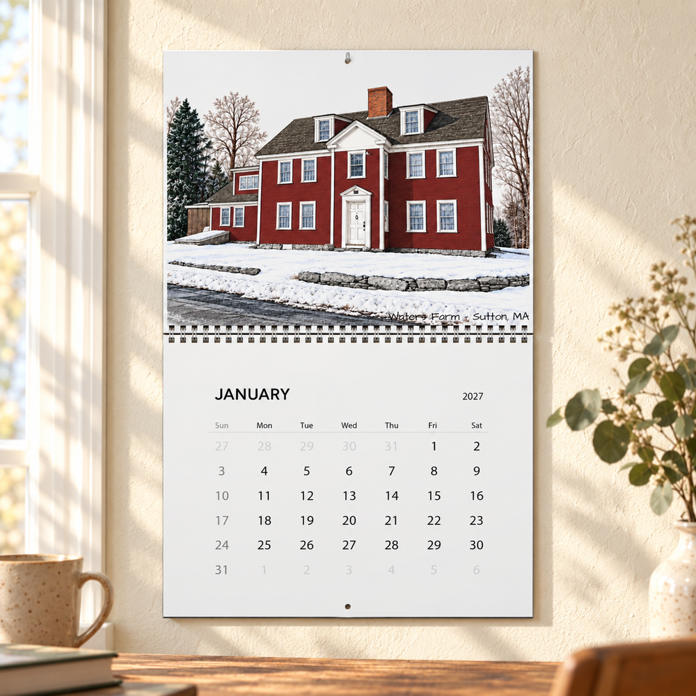 Illustrative lifestyle scene of The Blackstone Valley Collection 2027 wall calendar in a cozy New England interior.