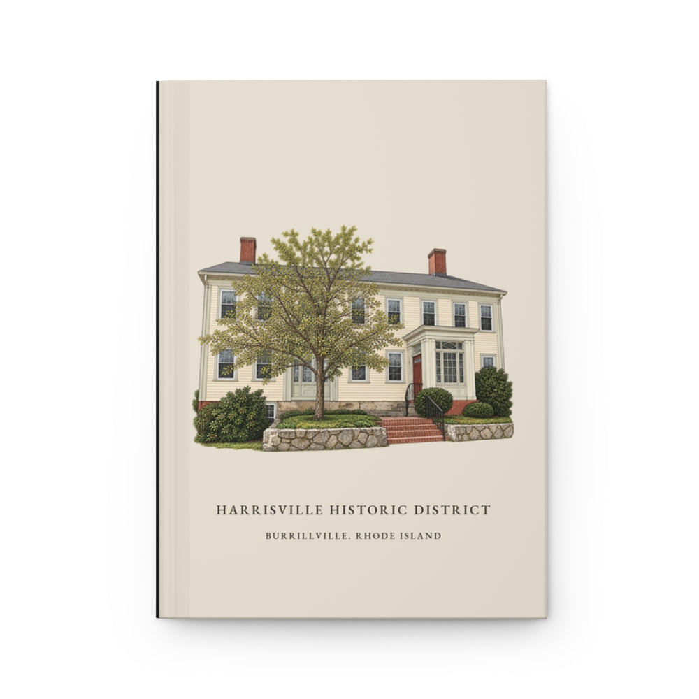 Burrillville Harrisville Historic District journal mockup showing the illustrated cover
